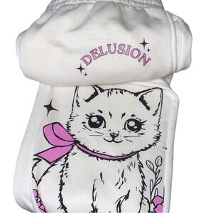 Cute White & Pink Cat Print Sweatpants